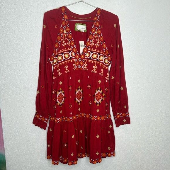 NWT Anthropologie Embroidered Tunic Mini Dress Red Motif XS - Picture 2 of 15